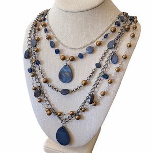 Boho Layered Necklace in Blue & Brown with Shells